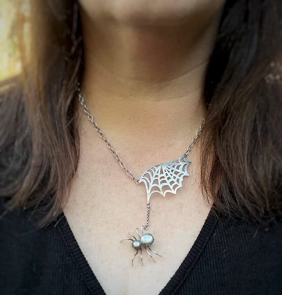 Spider and Web Sterling Silver Necklace