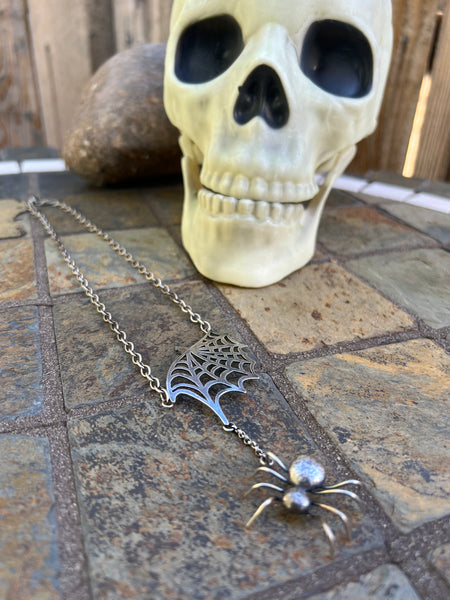 Spider and Web Sterling Silver Necklace