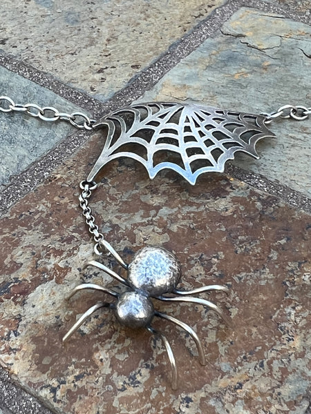 Spider and Web Sterling Silver Necklace