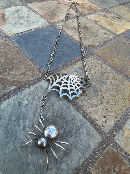 Spider and Web Sterling Silver Necklace
