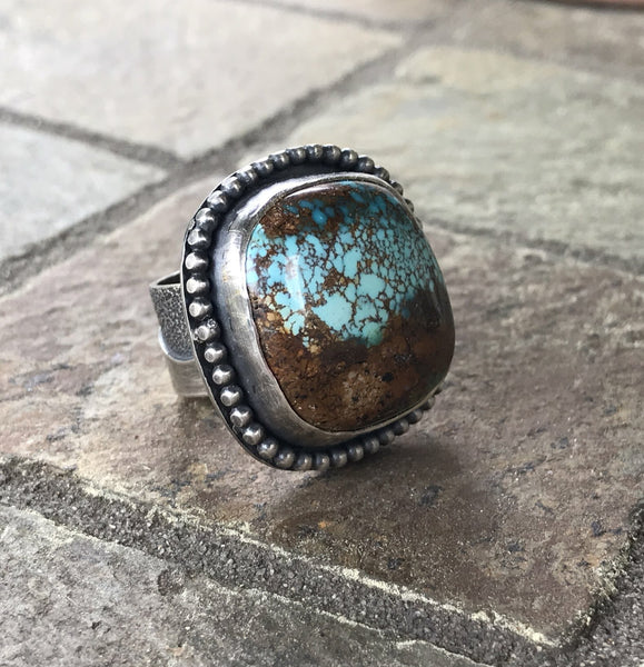 Pilot Mountain Turquoise with a Silver Waves Band, size 5