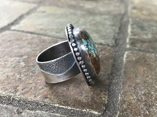 Pilot Mountain Turquoise with a Silver Waves Band, size 5