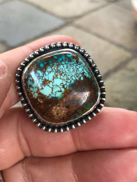 Pilot Mountain Turquoise with a Silver Waves Band, size 5