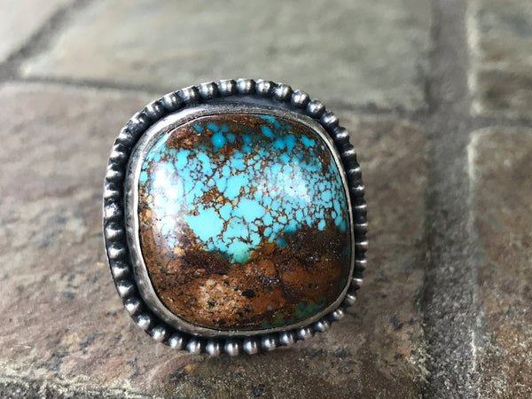 Pilot Mountain Turquoise with a Silver Waves Band, size 5