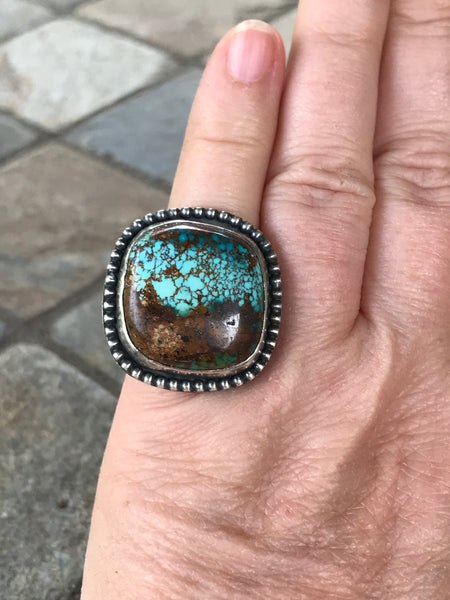 Pilot Mountain Turquoise with a Silver Waves Band, size 5