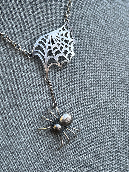 Spider and Web Sterling Silver Necklace