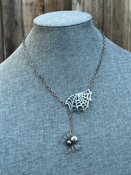 Spider and Web Sterling Silver Necklace