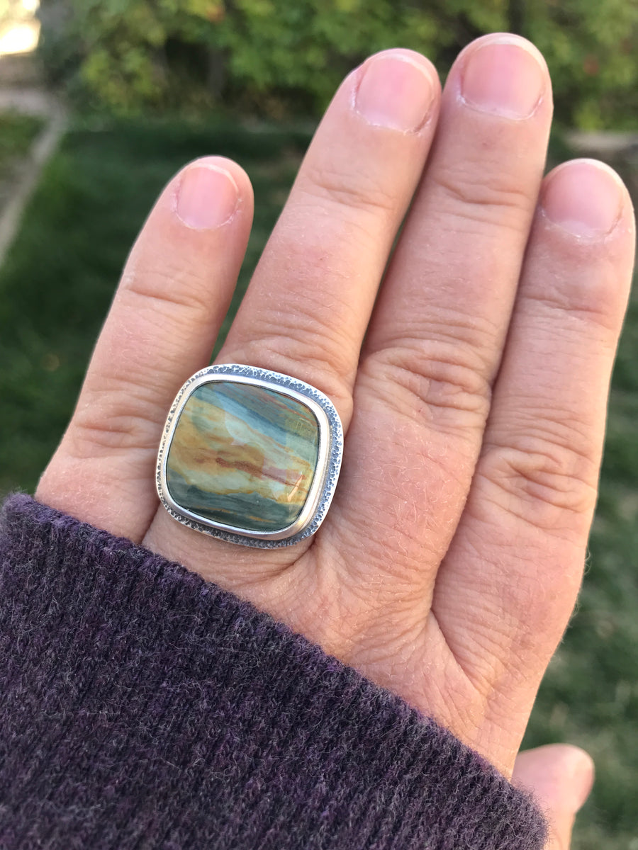 Larsonite Ring in Sterling Silver - Large Green Fossil Bog Wood - fashion Petrified Wood in US Size 7 3/4 - Handmade Jewelry