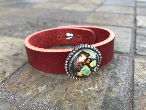 Hubei Turquoise and Leather Cuff, 7 inches