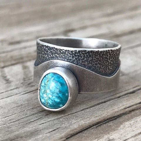 Cerillos Turquoise Silver Waves ring, Size 7.5